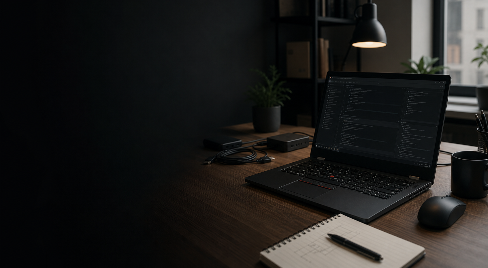 A practical Lenovo-style technical workspace with a laptop, notebook, and focused study materials.